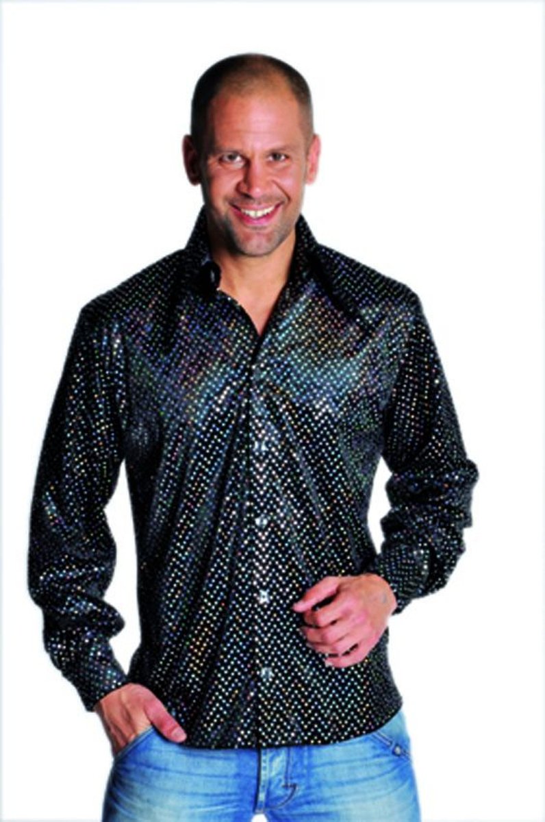 Glitter & Glamour Kostuum | Glimmende Disco Gozer Pailletten Hemd Zwart Man | Large | Carnaval kostuum | Verkleedkleding